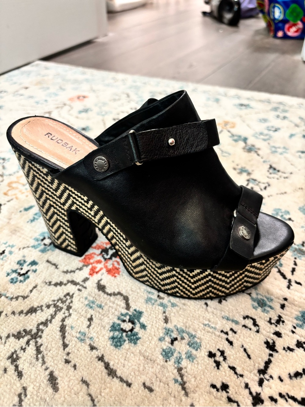 RUDSAK Black Leather Platform Mule with Patterned Heel Size 39